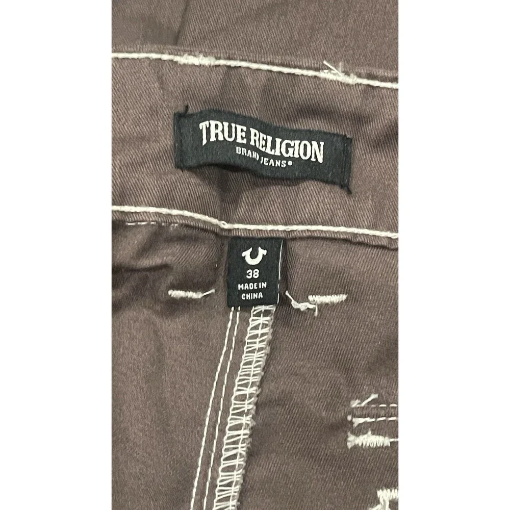 True Religion Cargo Shorts Brown Cotton Canvas Contrast Stitching Utility Men 38